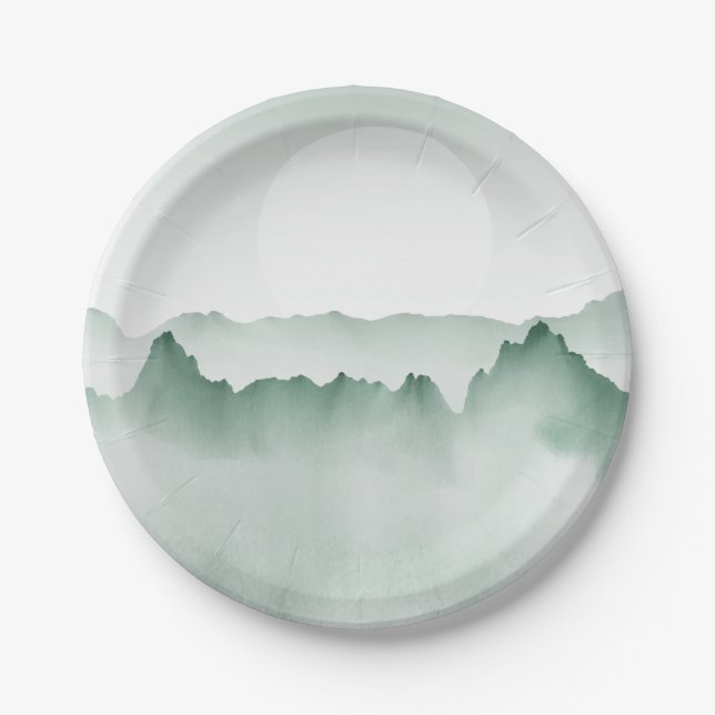 Hand Painted Watercolor Mountain Landscape Paper Plates (Front)
