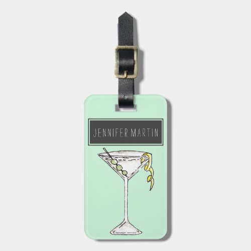 Hand Painted Watercolor Olive Martini Cocktail Luggage Tag