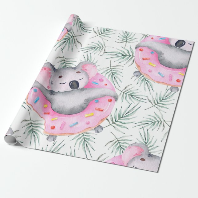 Hand painted watercolor pattern with koala tropica wrapping paper (Unrolled)