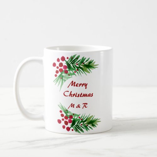 Hand Painted Watercolor Pine Wreath Red Berries Coffee Mug