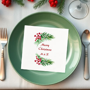 Hand Painted Watercolor Pine Wreath, Red Berries Napkins