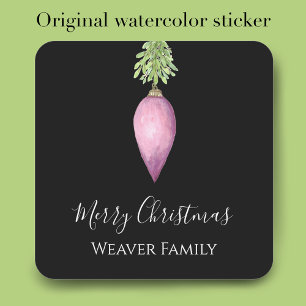 Hand Painted Watercolor Pink Christmas Bauble Square Sticker