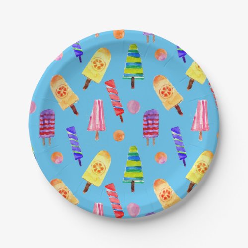 Hand_Painted Watercolor Popsicles Blue Summer Paper Plates