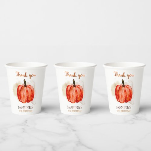 Hand painted watercolor pumpkin birthday Thank you Paper Cups