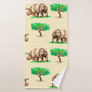 Hand painted watercolor rhinoceros seamless patter bath towel