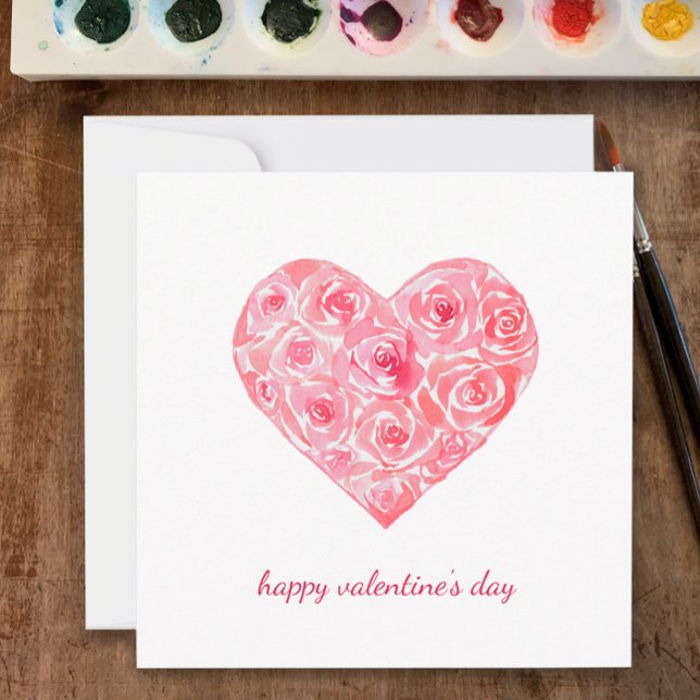 Hand Painted Watercolor Rose Heart Valentines Day Holiday Card (Made with love, send a hand painted watercolor trendy custom Valentine’s Day card.)