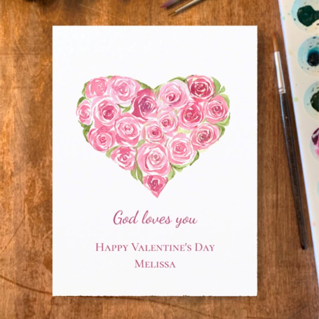 Hand Painted Watercolor Roses Heart Valentines Day Holiday Postcard (Add your name and note to my hand painted watercolor roses Valentines God loves you Christian card
)