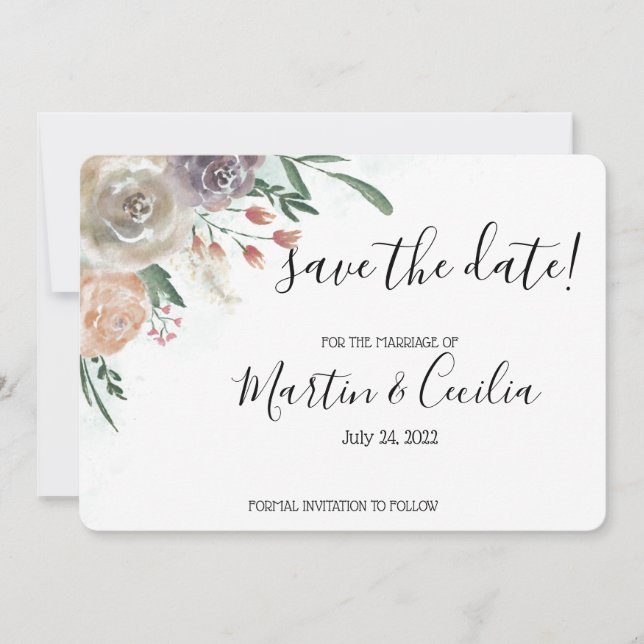Hand-painted Watercolor Roses Save the Date Card (Front)