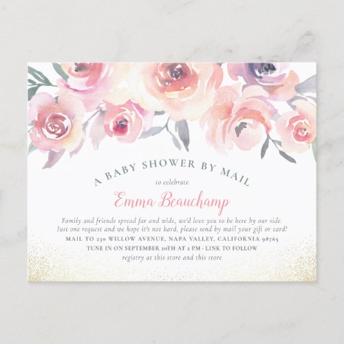 Hand_Painted Watercolor Roses Shower By Mail Invitation Postcard