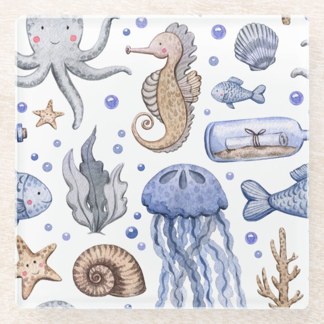 Hand-Painted Watercolor Sea Pattern. Glass Coaster (Front)