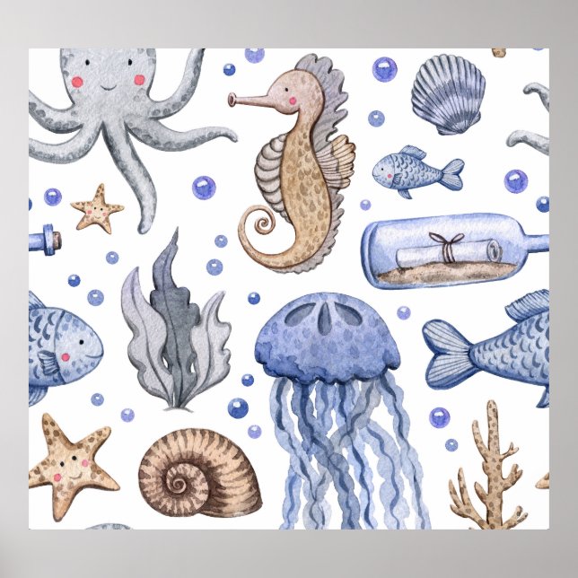 Hand-Painted Watercolor Sea Pattern. Poster (Front)