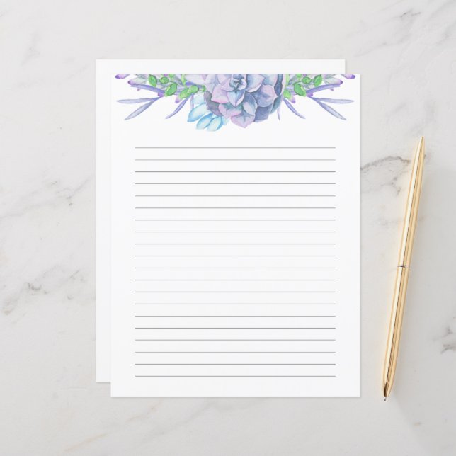 Hand Painted Watercolor Succulent Lined Paper (Front/Back In Situ)