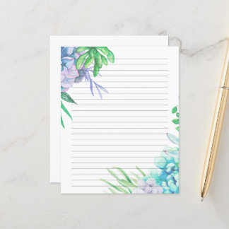 Hand Painted Watercolor Succulent Lined Paper