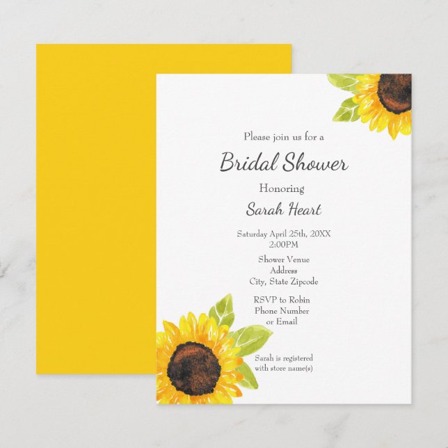 Hand Painted Watercolor Sunflower Invitation (Front/Back)