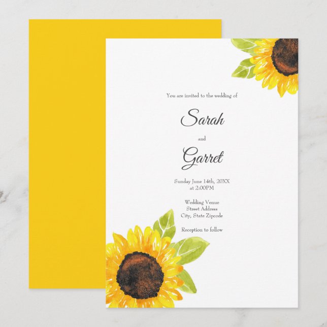 Hand Painted Watercolor Sunflower Invitation (Front/Back)