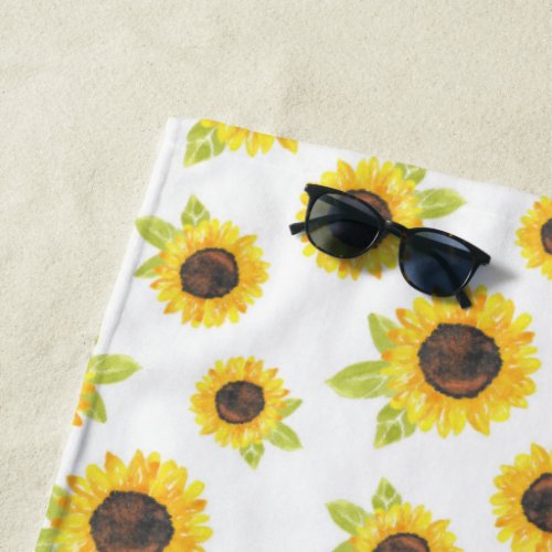 Hand Painted Watercolor Sunflower Pattern Beach Towel