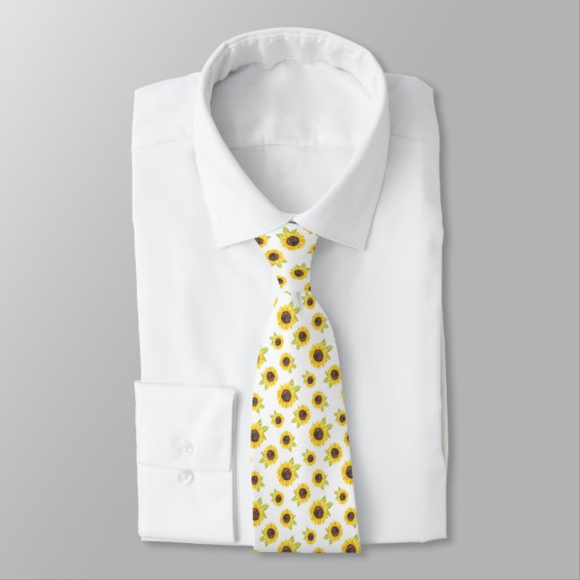 Hand Painted Watercolor Sunflower Pattern Neck Tie (Tied)