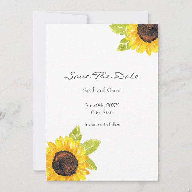 Hand Painted Watercolor Sunflower Save The Date (Front)
