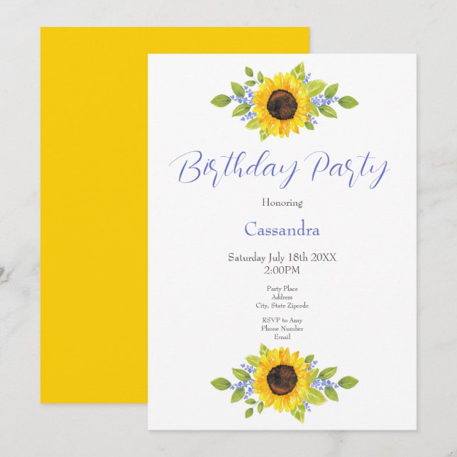 Hand Painted Watercolor Sunflower Swag Invitation (Front/Back)