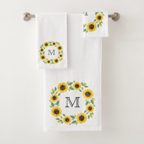 Hand Painted Watercolor Sunflower Wreath Bath Towel Set