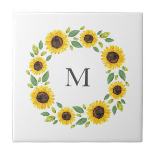 Hand Painted Watercolor Sunflower Wreath Ceramic Tile