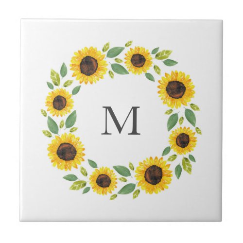 Hand Painted Watercolor Sunflower Wreath Ceramic Tile