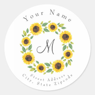 Hand Painted Watercolor Sunflower Wreath Classic Round Sticker