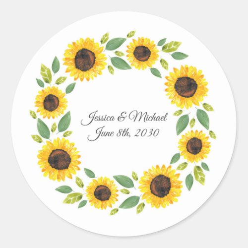  Hand Painted Watercolor Sunflower Wreath  Classic Round Sticker