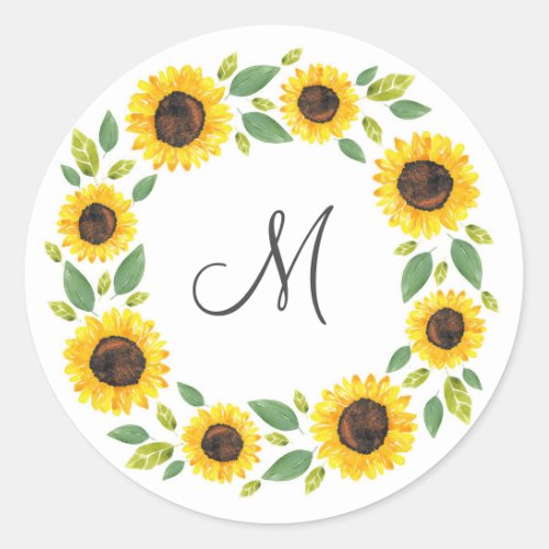 Hand Painted Watercolor Sunflower Wreath Classic Round Sticker