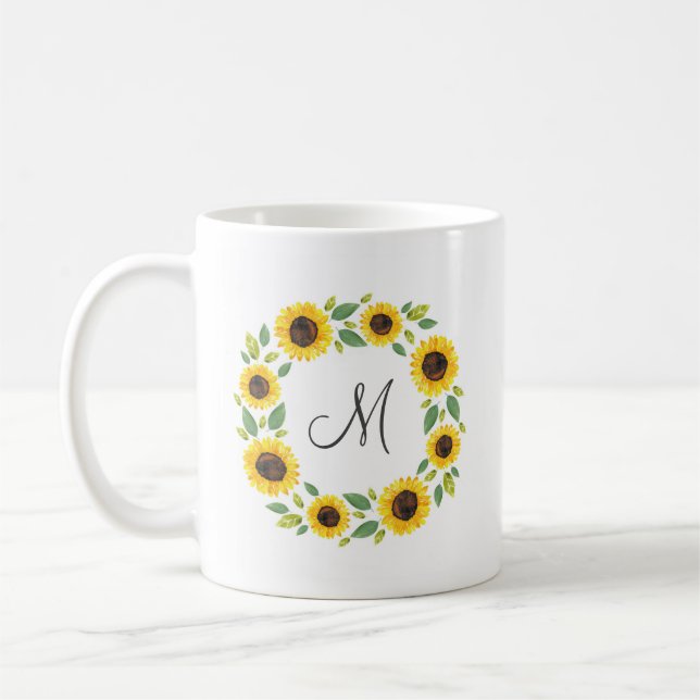 Hand Painted Watercolor Sunflower Wreath Coffee Mug (Left)