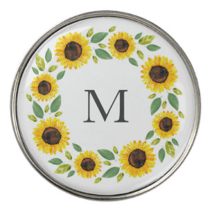 Hand Painted Watercolor Sunflower Wreath Golf Ball Marker