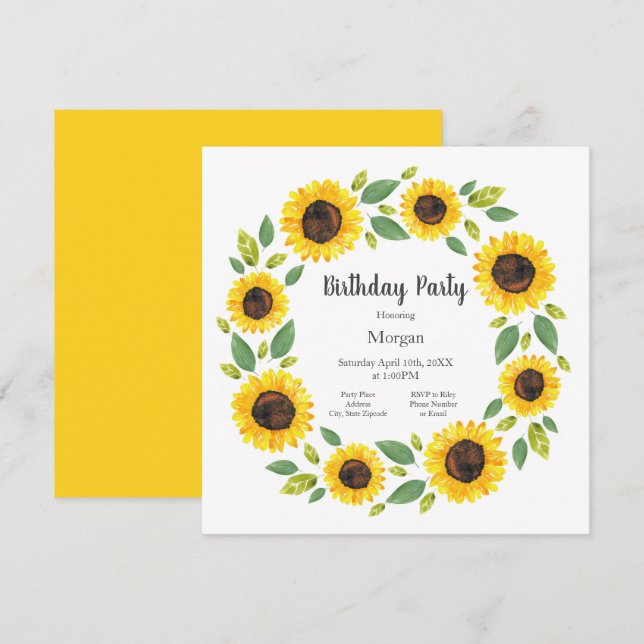 Hand Painted Watercolor Sunflower Wreath Invitation (Front/Back)