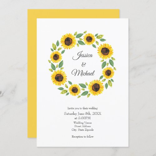 Hand Painted Watercolor Sunflower Wreath  Invitation