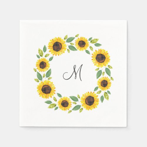 Hand Painted Watercolor Sunflower Wreath Napkins