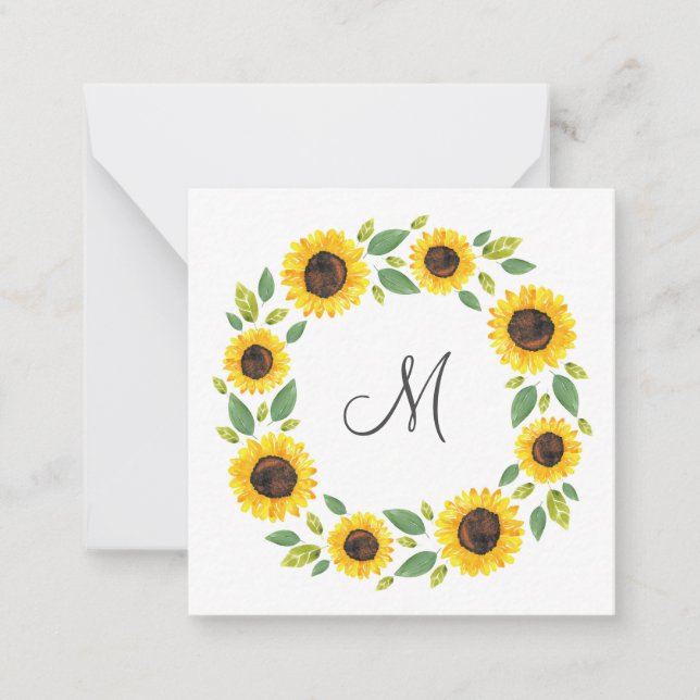Hand Painted Watercolor Sunflower Wreath Note Card (Front)