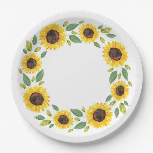 Hand Painted Watercolor Sunflower Wreath Paper Plates
