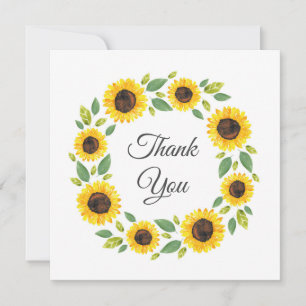 Hand Painted Watercolor Sunflower Wreath Thank You Card