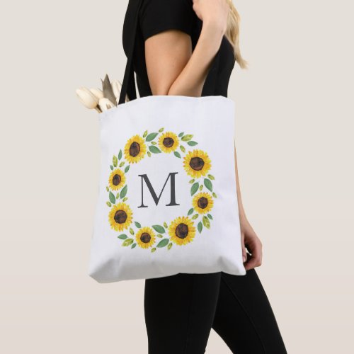 Hand Painted Watercolor Sunflower Wreath  Tote Bag