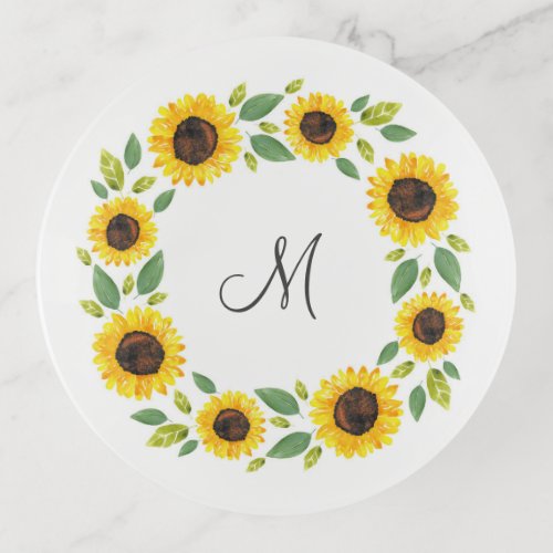 Hand Painted Watercolor Sunflower Wreath Trinket Tray