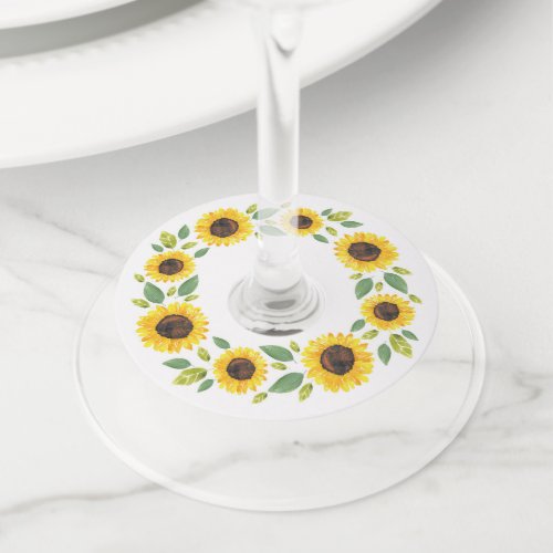 Hand Painted Watercolor Sunflower Wreath Wine Glass Tag