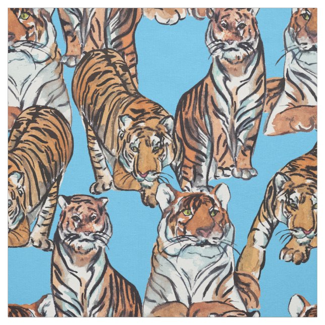 Hand Painted Watercolor Tigers Fabric (Swatch)