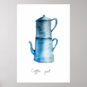 Hand painted Watercolor Vintage Blue Coffee pot Poster
