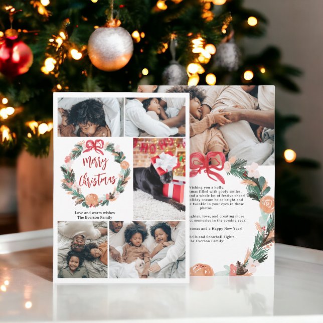 Hand Painted Watercolor Wreath Christmas 6 Photos Holiday Card (Hand Painted Watercolor Wreath Christmas 6 Photos Holiday Card)