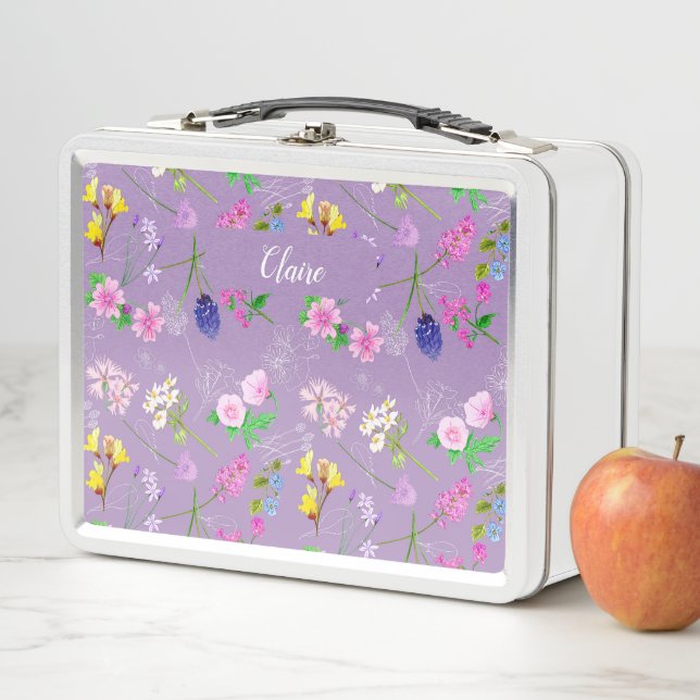 Hand-painted watercolour flowers custom lilac metal lunch box (In Situ)