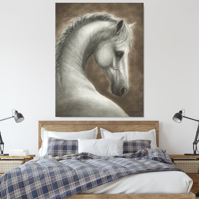 Hand Painted White Horse Portrait Canvas Print (Insitu(Bedroom))