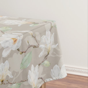 Hand Painted White Magnolia on Beige Tablecloth