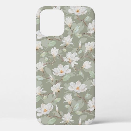 Hand Painted White Magnolia on Dusty Green Case_Ma iPhone 12 Case