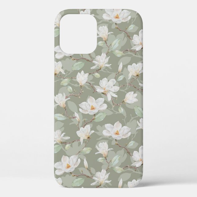 Hand Painted White Magnolia on Dusty Green Case-Ma Case-Mate iPhone Case (Back)