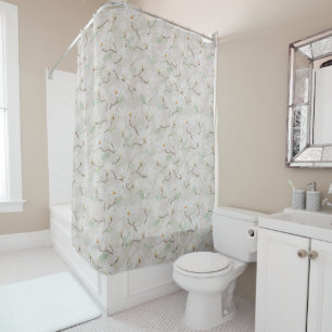 Hand Painted White Magnolia on Light Beige Shower Curtain
