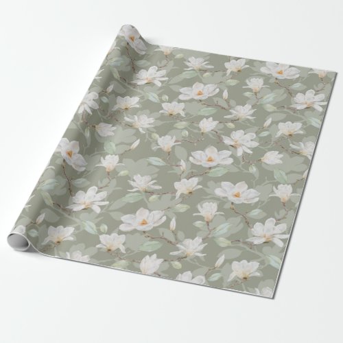 Hand Painted White Magnolia on Mossy Green Wrapping Paper